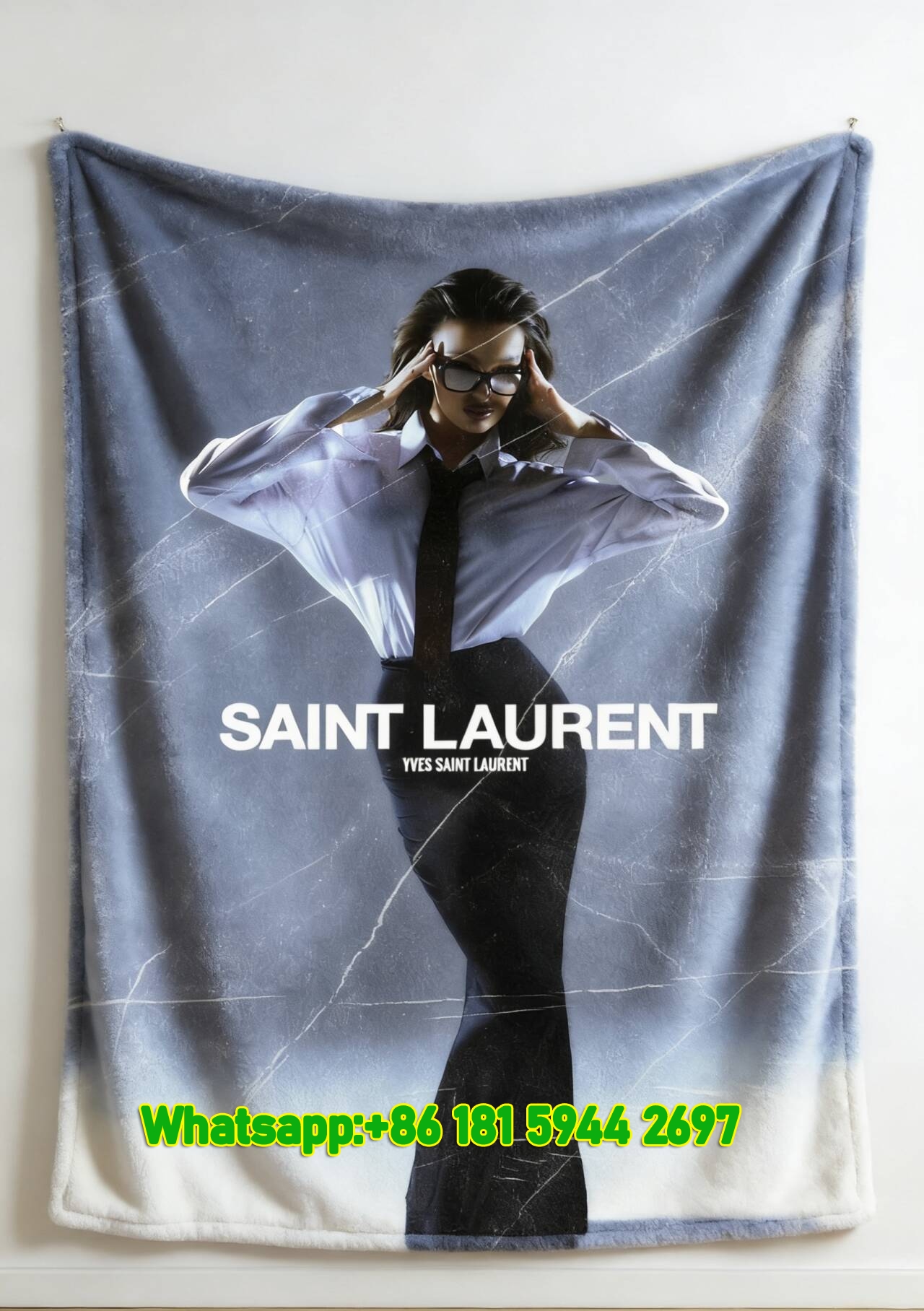 Yves Saint Laurent YSL Retro Fashion Editorial Print Black White Blue Flannel Throw Blanket Luxury Designer Printed Sofa Cover Blanket IMG_3312